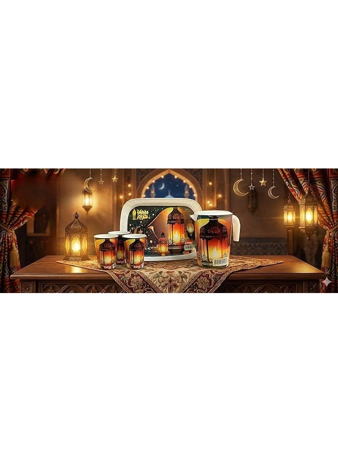 Ramadan serving set (plastic) consisting of a 2-liter jug, 4 cups, and a serving tray – suitable for everyday use with Ramadan drinks. - Image 1